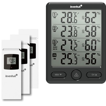 Електронна метеостанция Levenhuk Wezzer Plus LP20, включен 3 бр. външни датчика, цветен екран, термометър, влагомер, черна image