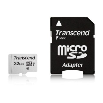 Карта памет 32GB microSDHC с адаптер, Transcend (TS32GUSD300S-A), Class 10 UHS-I U1, скорост на четене 100 MB/s, скорост на запис 25 MB/s image