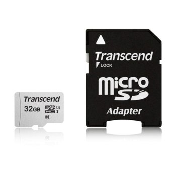 Карта памет 32GB microSDHC с адаптер, Transcend (TS32GUSD300S-A), Class 10 UHS-I U1, скорост на четене 100 MB/s, скорост на запис 25 MB/s | JAR Computers 32GB microSDHC Transcend TS32GUSD300S-A