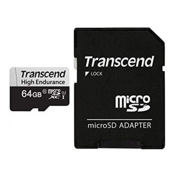 Карта памет 64GB microSDXC с адаптер, Transcend TS64GUSD350V, Class 10, скорост на четене 95MB/s, скорост на запис 45 MB/s | JAR Computers Transcend 64GB TS64GUSD350V