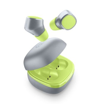 Слушалки Cellularline Evade, безжични, микрофон, със зареждащ кейс, сиво-зелени | JAR Computers Bluetooth слушалки Evade с кейс за зареждане