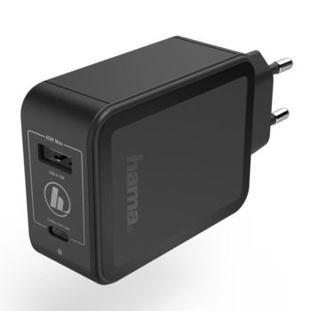 Зарядно устройство Hama GaN, от контакт към USB Type A(ж) и USB Type C(ж), 12V, 2.5A, черно, LED индикатор | JAR Computers HAMA-183321
