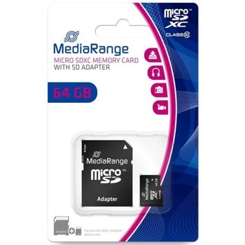 Карта памет 64GB microSDXC, с SD адаптер, MediaRange MR955, Class 10, скорост на четене 60MB/s, скорост на запис 15MB/s | JAR Computers MediaRange MR955