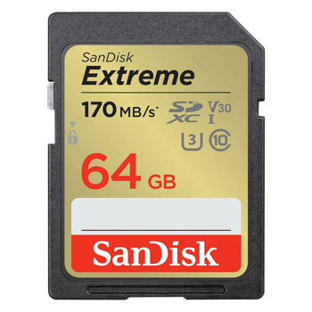 Карта памет 64GB SDXC, Sandisk Extreme, Class 10 UHS-1 U3, скорост на четене 170MB/s, скорост на запис 80MB/s | JAR Computers SanDisk Extreme SDXC 64GB SDSDXVV-064G-GNCIN