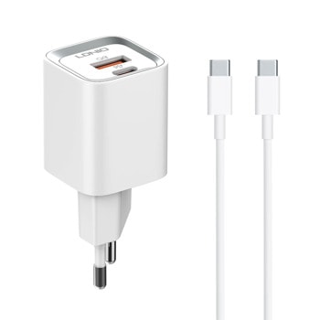 Зарядно устройство LDNIO A2318C, от контакт към 1x USB Type-C (ж), Type-А (ж), 5V/3.0A, бял, кабел от USB Type-C (м) към USB Type-C (м) | JAR Computers зарядно устройство ldnio a2318c 40292