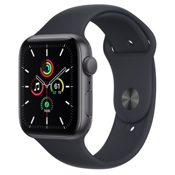 Смарт часовник Apple Watch SE (v2) GPS Space Grey, 44mm, 1.78" (4.52 cm) Retina OLED дисплей, Bluetooth, 50m водоустойчивост, до 18 часа време на работа, 32GB памет, Midnight Sport Band - Regular, сиво-черен image