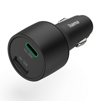 Зарядно устройство HAMA 201690, от автомобилна запалка към 1x USB-C(ж), 1x USB-A(м), бързо зареждане, 20W през USB-C, 12W през USB-A, черно | JAR Computers Зарядно устройство за кола HAMA 201690