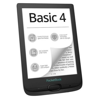 Електронна книга PocketBook PB606 Basic 4, 6" (15.24 cm) екран, процесор 1GHz, 256MB RAM, 8GB Flash памет (+microSD слот), до 1 месец живот на батерията, черна, 145g image