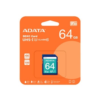 Карта памет 64GB SDXC A-Data Premier Pro, Class 10, V30, скорост на четене 100 MB/s, скорост на запис до 80 MB/s | JAR Computers A-Data ASDX64GUI3V30S-R
