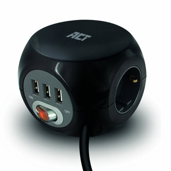 Разклонител ACT AC2400, 3 гнезда, тип "куб", 3x USB-A, бутон за вкл./изкл, 1.5m кабел, черен | JAR Computers ACT AC2400