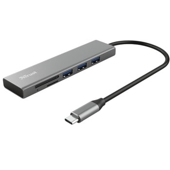 USB Хъб Trust Halyx 24191, 3 порта, от USB Type-C към 3x USB 3.2 Type-A, MicroSD/SD слот, 5000 Mbit/s, сив | JAR Computers TRUST Halyx Fast USB-C Hub & Card Reader
