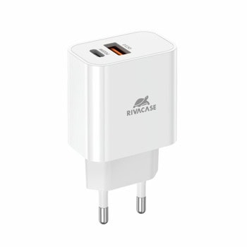 Зарядно устройство Rivacase PS4102 W00, от контакт към 1x USB-C(ж), 1x USB-A(ж), 12V/1.67A, бяло, QC 3.0 | JAR Computers Rivacase PS4102 W00