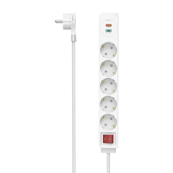 Разклонител HAMA 223186, 5 гнезда, 1x USB-A/1x USB-C, бутон за вкл./изкл., 1.4 m, бял | JAR Computers Hama 223186