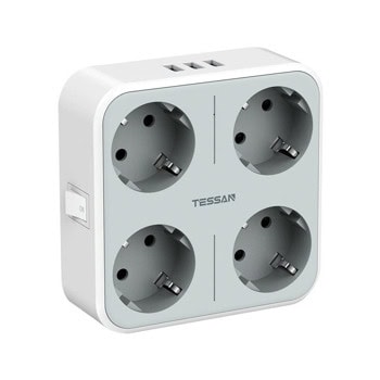 Разклонител Tessan TS-302-DE, 4 гнезда, 3x USB, бутон за вкл./изкл., без кабел, бял | JAR Computers Tessan TS-302-DE