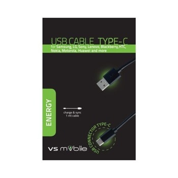 Кабел VSMobile 30144, от USB A(м) към USB C(м), 1m, черен | JAR Computers VSMobile cable USB-A to USB-C 1m