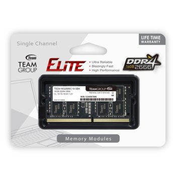 Памет 16GB DDR4 2666MT/s, SO-DIMM, Team Group Elite TED416G2666C19-S01, 1.2V | JAR Computers Team Group Elite TED416G2666C19-S01