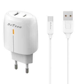 Зарядно устройство DeTech DE-31C, от контакт към 1x USB-A(ж)/1x USB-C(ж), 20W, бяло, кабел от USB-A(м) към USB-C(м) | JAR Computers Зарядно устройство DeTech DE-31C