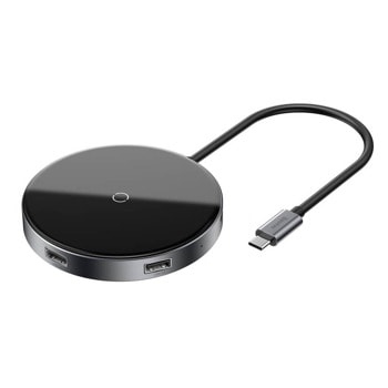USB Хъб Baseus Circular Mirror, 4 порта, 1x USB 3.0, 3x USB 2.0, безжично зареждане, черен | JAR Computers Baseus Circular Mirror WXJMY-0G