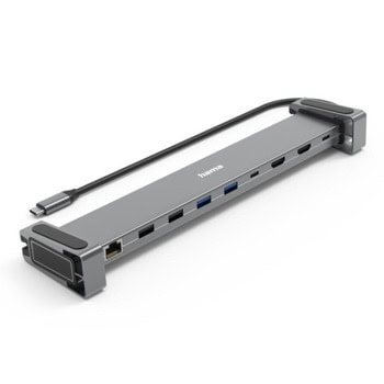 Докинг станция Hama 200145, от USB-C към 2x USB-C, 4x USB-A, 2x HDMI, 1x RJ45, сива | JAR Computers Докинг станция Hama 200145