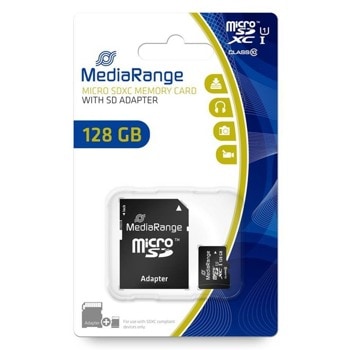 Карта памет 128GB microSDXC, с SD адаптер, MediaRange MR955, Class 10, UHS-I, скорост на четене 80MB/s, скорост на запис 10MB/s | JAR Computers MediaRange MR945