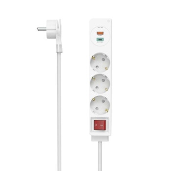 Разклонител HAMA 223185, 3 гнезда, 1x USB-A/1x USB-C, бутон за вкл./изкл., 1.4 m, бял | JAR Computers HAMA 223185