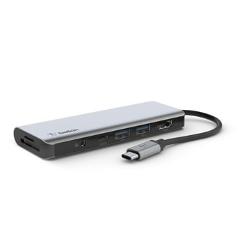 Докинг станция Belkin AVC009btSGY, от USB-C към 2x USB Type-A, 1x USB Type-C, 1x MicroSD слот, 1x SD слот, 1x HDMI, 1x 3.5mm жак, сива | JAR Computers Докинг станция Belkin AVC009btSGY