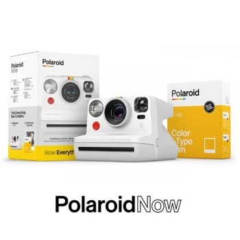 Фотоапарат Polaroid Everything Box Polaroid Now (бял) в комплект с цветен филм i-Type (16 броя), моментални снимки, светкавица, с батерия, auto-focus, USB image