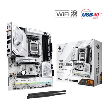 Дънна платка ASRock X870 Steel Legend WiFi, X870, AM5, DDR5, PCI-E 5.0 (HDMI&USB4)(CF), 4x SATA 6Gb/s, 1x Blazing M.2 socket, 1x Hyper M.2 socket, 2x USB4, 2x USB 3.2 Gen 2, Wi-Fi 7, Bluetooth 5.4, ATX | JAR Computers ASRock X870 Steel Legend WiFi 90-MXBPJ0-A0UAYZ