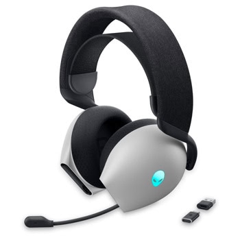 Слушалки Dell Alienware AW720H, безжични/жични, USB-C, USB-A адаптер, Jack 3.5mm, микрофон, гейминг, 40mm говорители, бели (Lunar Light) | JAR Computers Dell Alienware AW720H Lunar Light 545-BBFD