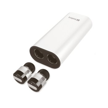Слушалки Sandberg, безжични, Bluetooth, вградена батерия /power bank/ 2100mAh, Micro USB(ж)/USB A(ж), бяла | JAR Computers Sandberg Bluetooth Earbuds + Powerbank
