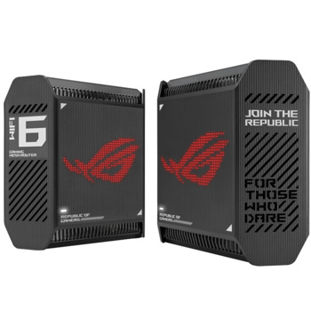 Мрежеста система Asus ROG Rapture GT6 (90IG07F0-MU9A10), 10000Mbps, 2.4GHz (574 Mbps)/5GHz (4804 Mbps)/5GHz (4804 Mbps), Wireless AX, 1x WAN 2.5 Gigabits, 3x LAN Gigabits, 9 вътрешни антени, 1 бр. | JAR Computers Asus ROG Rapture GT6 90IG07F0-MU9A10