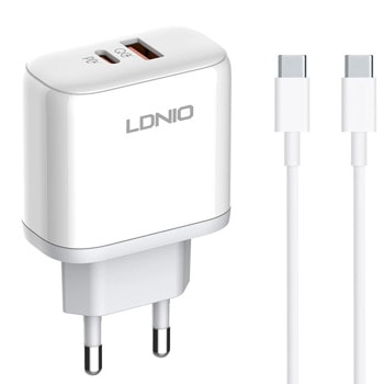 Зарядно устройство LDNIO A2526C, от контакт към 1x USB Type-C (ж), Type-А (ж), 5V/4.5A, бял, кабел от USB Type-C (м) към USB Type-C (м) | JAR Computers Зарядно устройство LDNIO A2526C 40287