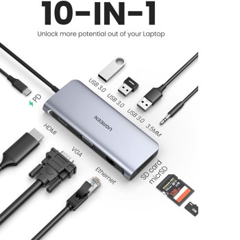Докинг станция Ugreen 10-in-1 (80133), 1x USB Type C(м) към 3x USB 3.0, 1x SD, 1x microSD, 1x HDMI, 1x VGA, 1x 10/100/1000 RJ45, 1x AUX, сив image
