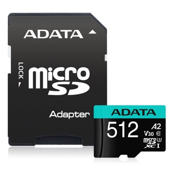 Карта памет 512GB microSDXC, A-Data Premier Pro V30S, Class 10, скорост на четене до 100MB/s, скорост на запис до 85MB/s | JAR Computers 512GB SDXC UHS-I U3 V30S ADATA