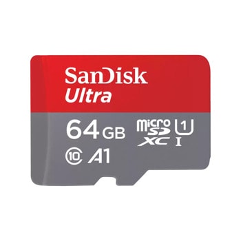 Карта памет 64GB microSDXC, с SD адаптер, SanDisk Ultra, Class 10 UHS-I A1, скорост на четене до 140Mb/s | JAR Computers SanDisk 64GB Ultra SDSQUAB-064G-GN6MA