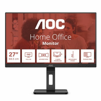 Монитор AOC 27E3QAF, 27" (68.58 cm) IPS панел, 75Hz, FHD, 4ms, 20 000 000 :1, 300 cd/m2, DisplayPort, HDMI, VGA, USB | JAR Computers AOC 27E3QAF