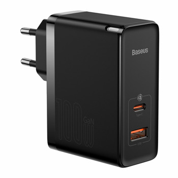 Зарядно устройство Baseus GaN 5 Pro Charger 100W, от контакт към 1x USB (ж)/1x USB-C (ж), 20V/5A, черно, PD 3.0, QC 4.0 | JAR Computers Baseus GaN 5 Pro Charger Black CCGP090201