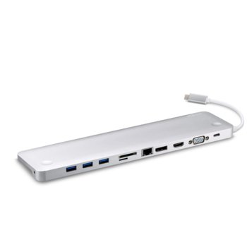 Докинг станция Aten UH3234, от USB C към 3x USB A, 1x USB C(PD), 1x DisplayPort, 1x HDMI, 1x VGA, 1x SD/MicroSD четец, 1x RJ45, 1x AUX, бяла | JAR Computers Aten UH3234