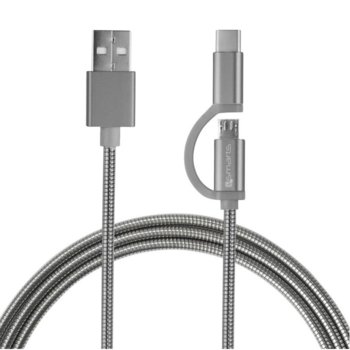 Кабел 4Smarts 4S468552, от USB A(м) към MicroUSB(м) + USB-C(м), 1m, сребрист | JAR Computers 4smarts ComboCord MicroUSB + USB-C Metal Cable