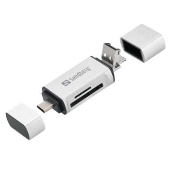 Четец за карти Sandberg SNB-136-28, USB-C/USB-A/MicroUSB-B, SD/SDHC/SDXC/MMC/T-Flash/MicroSD, сребрист image
