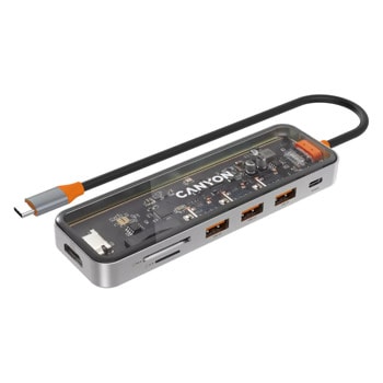 Докинг станция Canyon DS-13, от USB Type-C към 1x USB-C(PD), 3x USB-A, 1x HDMI, 1x SD/MicroSD четец, сива | JAR Computers USB хъб Canyon DS-13 CNS-TDS13