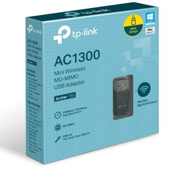 Мрежови адаптер TP-Link Archer T3U AC1300, 400 Mbps, Wireless-AC, USB 3.0 | JAR Computers Безжичен мини USB адаптер TPLINK ARCHER T3U AC1300