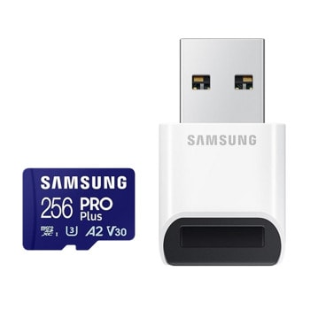 Карта памет 256GB microSDXC с четец, Samsung Pro Plus (MB-MD256SB/WW), Class 10 U3, скорост на четене до 180MB/s, скорост на запис до 130MB/s | JAR Computers MicroSD 256GB Samsung MB-MD256SB/WW