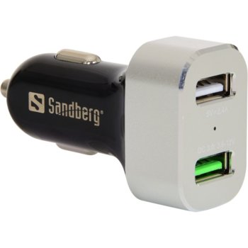 Зарядно за кола Sandberg SNB-441-10, от авт. запалка към 2x USB Type-A(ж), 9-12V/1.5A/5V/2.4A, QC 3.0, сиво | JAR Computers SANDBERG SNB-441-10 Зарядно за кола 2.4A