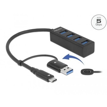USB Хъб Delock 63828, 4 порта, от USB Type-A/USB Type-C към 4x USB 3.2 Type-A, 5000 Mbit/s, черен | JAR Computers Delock 63828