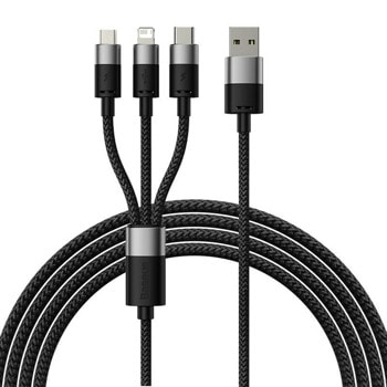 Кабел Baseus StarSpeed CAXS000001, от USB A (м) към 1x USB C (м), 1x Lightning (м), 1x MicroUSB B (м), 1.2m, 20W, черен | JAR Computers Baseus StarSpeed CAXS000001