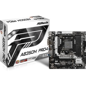 Дънна платка ASRock AB350M Pro4, AMD B350, AM4, DDR4, PCI-E(HDMI&DVI)(CFX), 4x SATA 6Gb/s, 1x Ultra M.2 Socket, 1x M.2 Socket, 1x USB 3.0 Type-C, microATX | JAR Computers ASRock AB350M Pro4