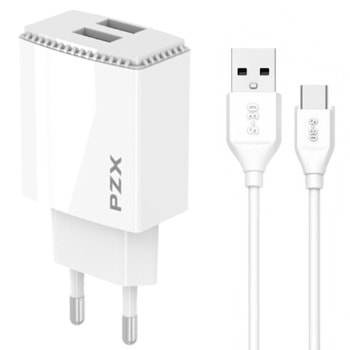 Зарядно устройство PZX P22, от контакт към 2x USB Type-A(ж), 5V, 3.1A, бяло, с включен USB C кабел image