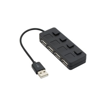 USB Хъб 12056, 4 порта, от USB Type A към 4x USB 2.0 Type-A, бутони on/off, черен | JAR Computers USB хъб 12056 USB 2.0 4 Порта