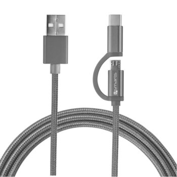 Кабел 4Smarts 4S468544, от USB A(м) към MicroUSB(м) + USB-C(м), 1m, сив | JAR Computers 4smarts ComboCord MicroUSB + USB-C cable